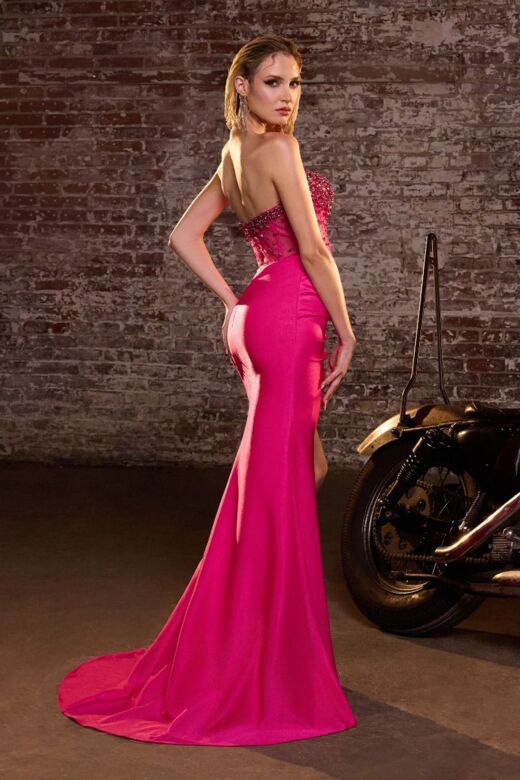 LaDivine CW301 Slit Skirt Pleated Waist Strapless Dress