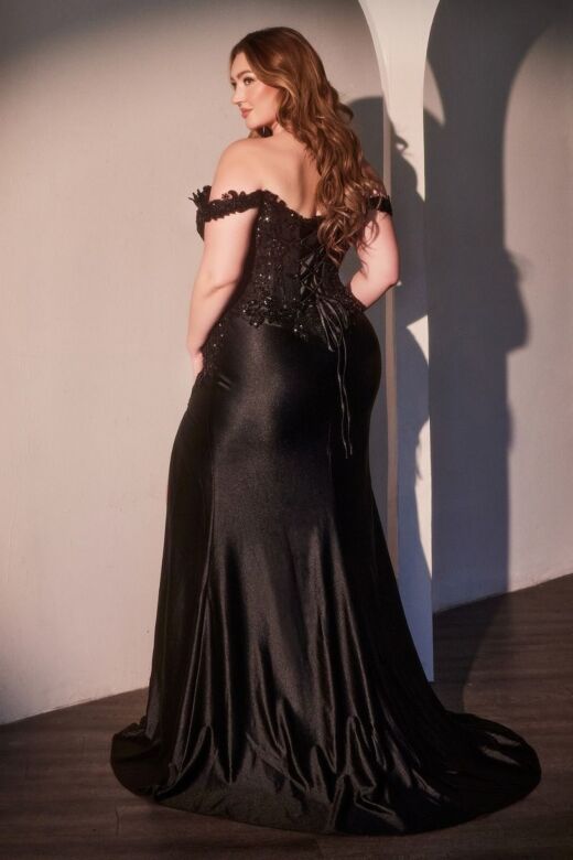 LaDivine CDS537C Beaded Lace Bodice Satin Skirt Dress