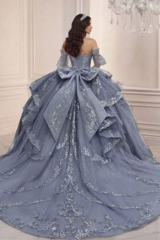 LaDivine 15741 Choker Neck Glitter Tulle Puff Sleeve Vestido XV