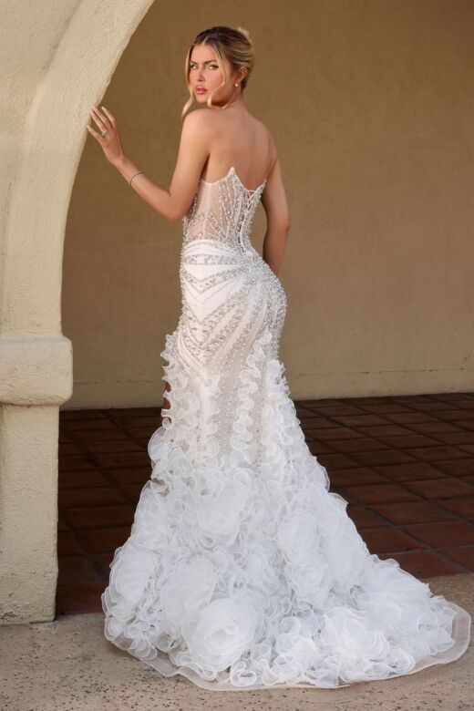 LaDivine CC2488W Off White Plunging Neck Ruffle Skirt Wedding Gown