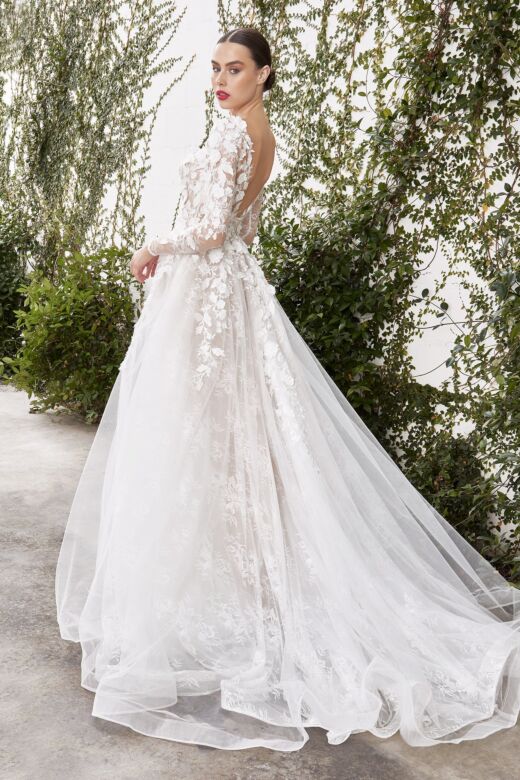 LaDivine A1067W V-Neck Illusion Sleeve Wedding Gown