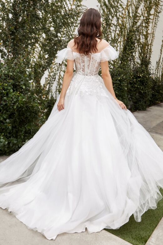 LaDivine A1070W Illusion Neck Ruffle Sleeve Wedding Gown