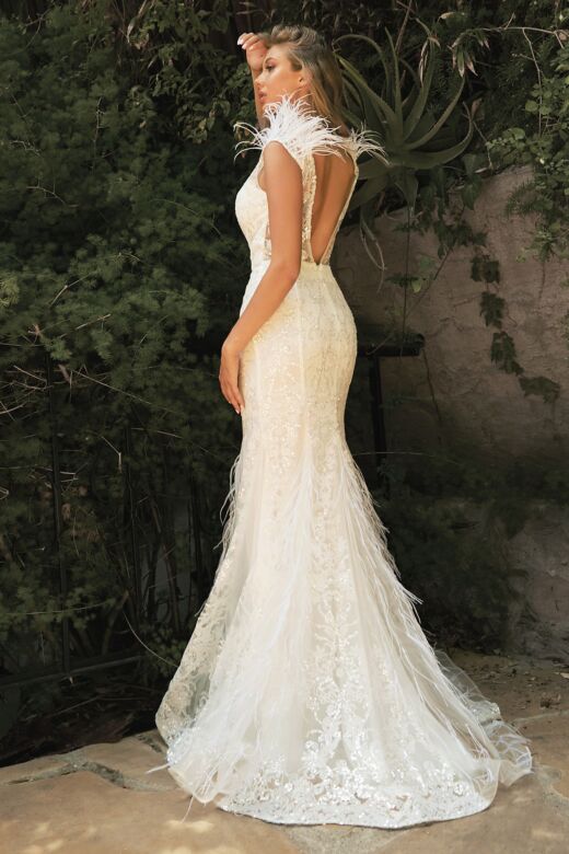 LaDivine C57W Feather Strap Plunging V-Back Bridal Gown