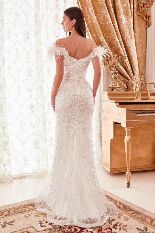 LaDivine CD0207W Off-The-Shoulder Feather Strap Wedding Gown