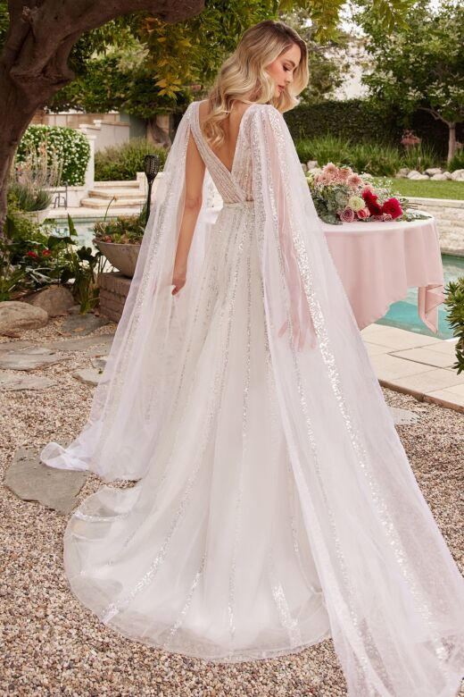 LaDivine CD852W Plunging V-Neck Cape Sleeves Bridal Gown