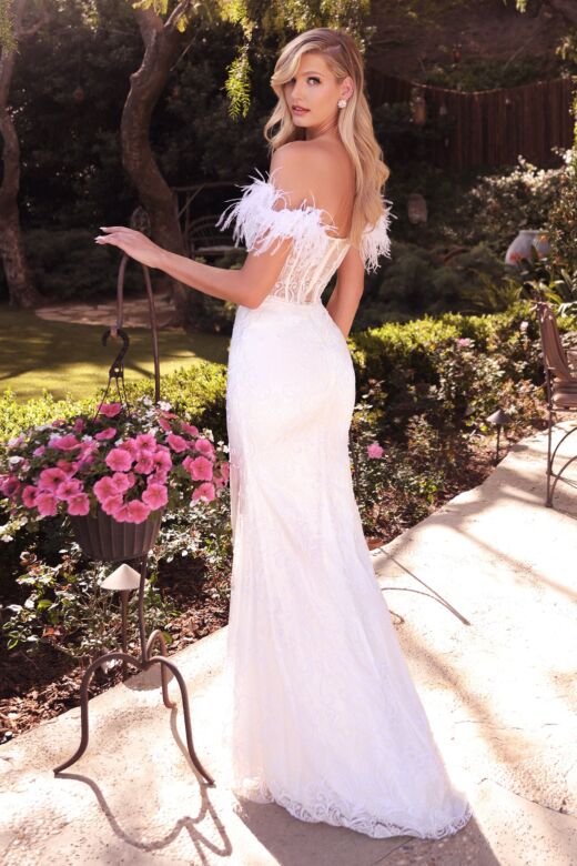 LaDivine J824W Feather Plunging Neck Illusion Back Wedding Gown