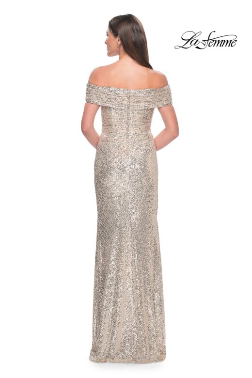 La Femme 31772 Ruched Off-The-Shoulder Neck Sequin Dress