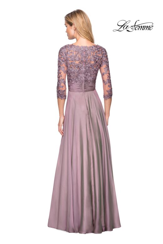 La Femme 27153 Lace Sleeves Ruched Top Dress