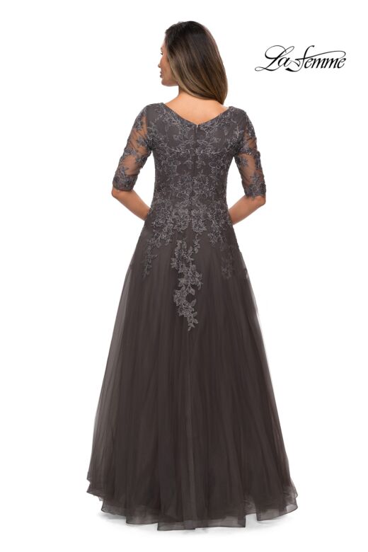 La Femme 27993 Elbow Sleeve V-Neck Dress