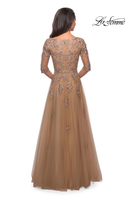 La Femme 27977 Illusion Sleeves Floral Appliques Dress