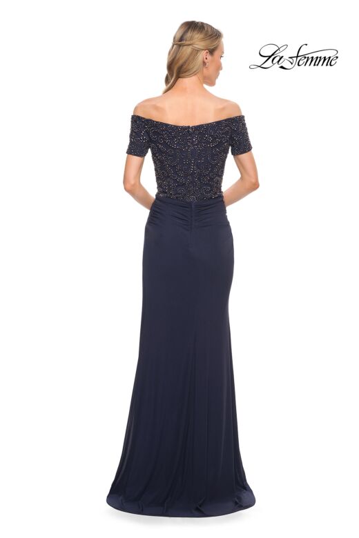 La Femme 30057 Beaded Sleeves Ruched Dress