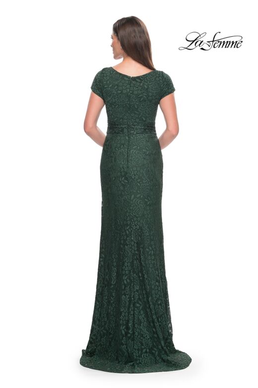 La Femme 30797 Ruched Lace V-Neck Dress