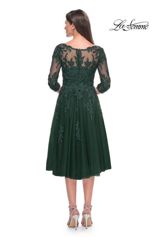 La Femme 30964 Tea-Length Illusion V-Neck Dress