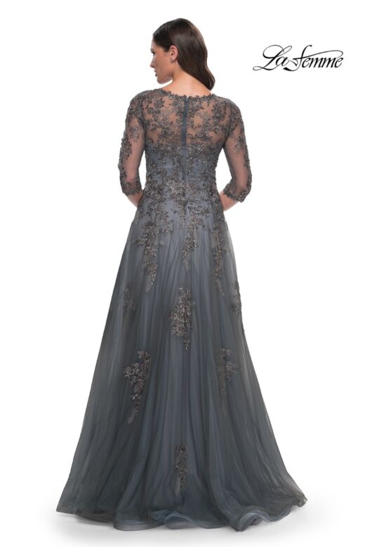 La Femme 30201 Sheer Sleeve A-Line Lace Dress