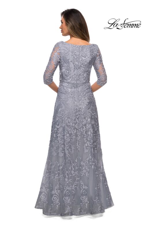 La Femme 27949 Illusion Sleeve Embroidered A-Line Dress