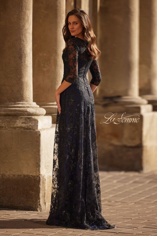La Femme 30825 Three-Quarter Sleeve Lace A-Line Dress