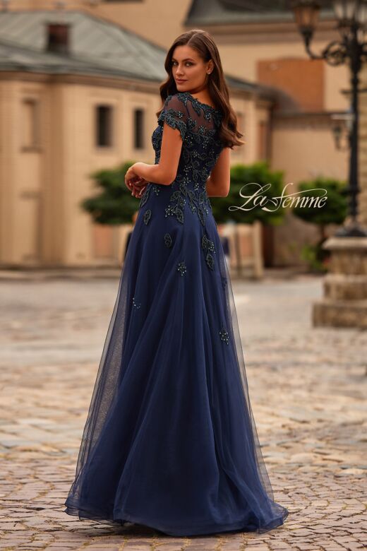 La Femme 31692 Beaded Illusion Neck A-Line Dress