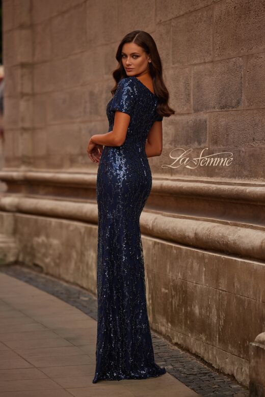 La Femme 31787 V-Neck Sequin Short Sleeve Dress