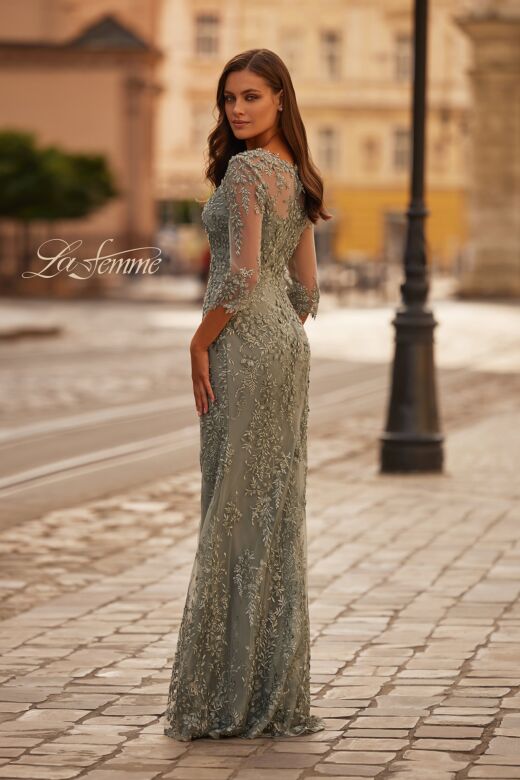 La Femme 31909 Beaded Lace Sheer Sleeve Dress