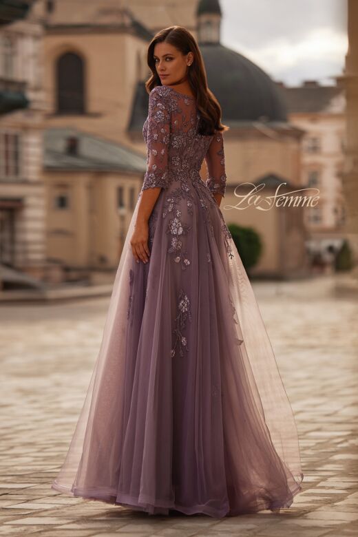 La Femme 32538 Illusion Sleeve Lace Applique A-Line Dress
