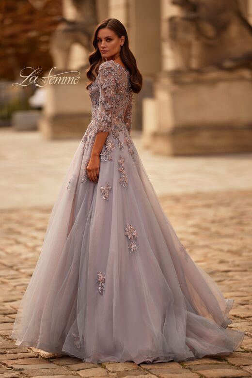 La Femme 32605 V-Neck Three-Quarter Sleeve A-Line Dress