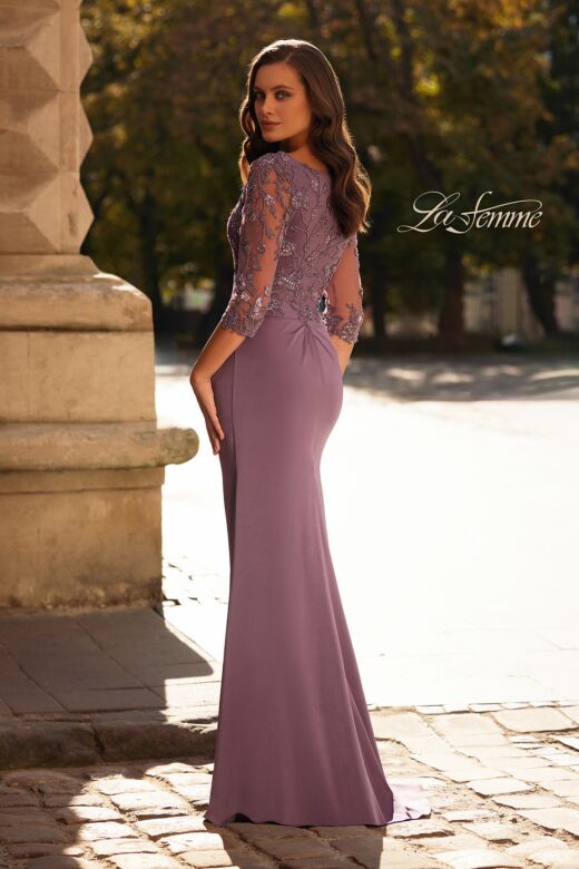 La Femme 32738 Draped Satin Skirt Illusion Sleeve Dress