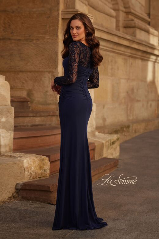 La Femme 33121 Illusion Sleeve Ruched Bodice Dress