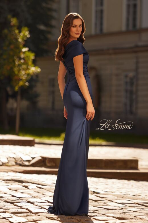 La Femme 33128 Ruched Bodice Portrait Neck Dress