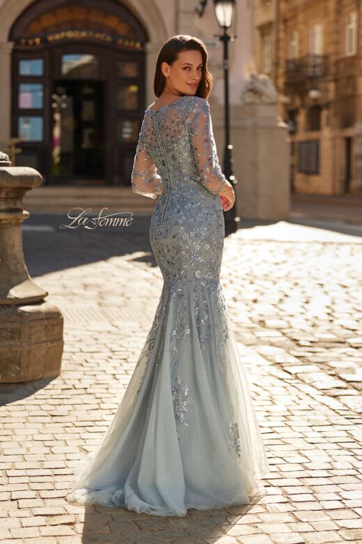 La Femme 31799 Dusty Blue Sweetheart Neckline Dress