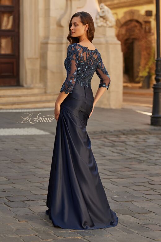 La Femme 31802 Navy Beaded Bodice Dress