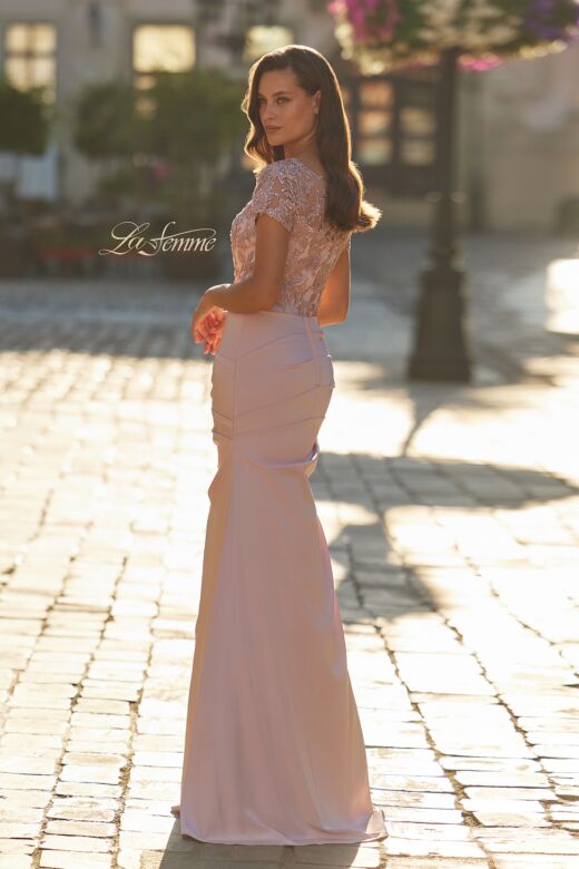 La Femme 32737 Dusty Pink Illusion Neckline Short Sleeve Dress