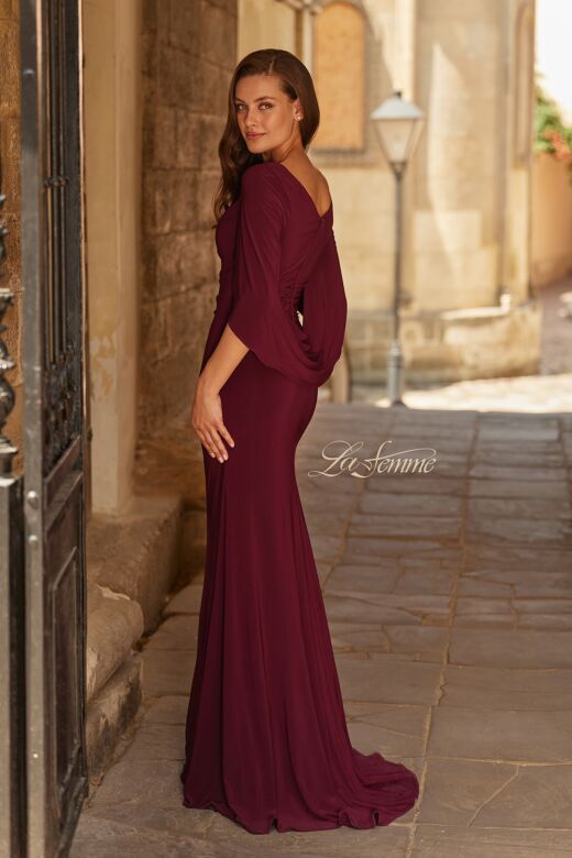La Femme 33148 Dark Berry Jewel Neckline Drape Dress