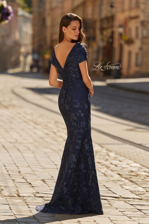La Femme 33571 Navy Cap Sleeve Brocade Dress