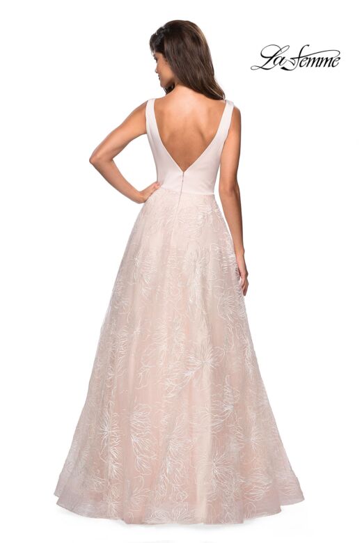 La Femme 27325 Floral Skirt Plunging Neckline Dress