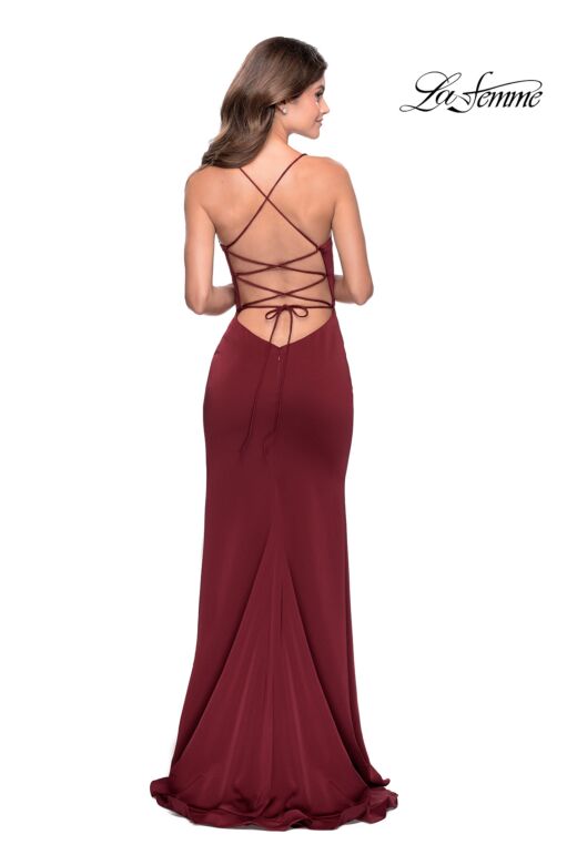 La Femme 28294 Cascading Ruffle Slit Crisscross Back Dress