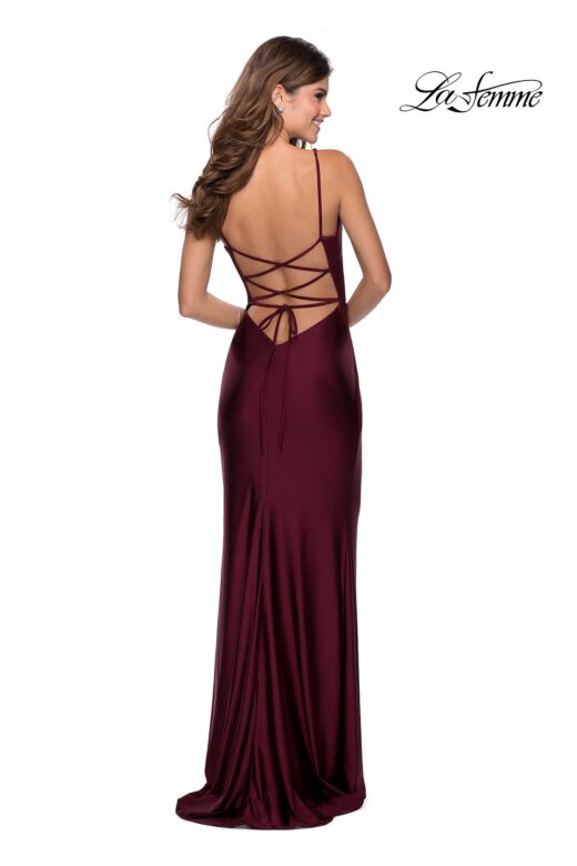 La Femme 28421 Surplice Ruched Lace-Up Back Dress
