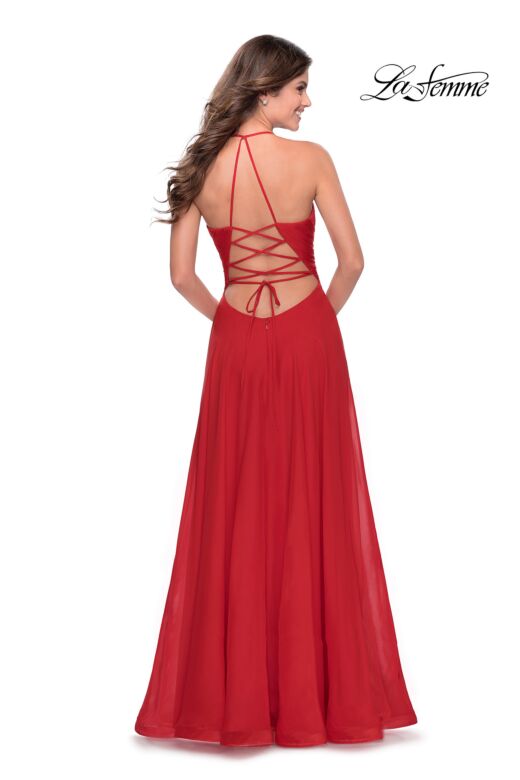 La Femme 28522 Ruched Bodice Slit Skirt Dress