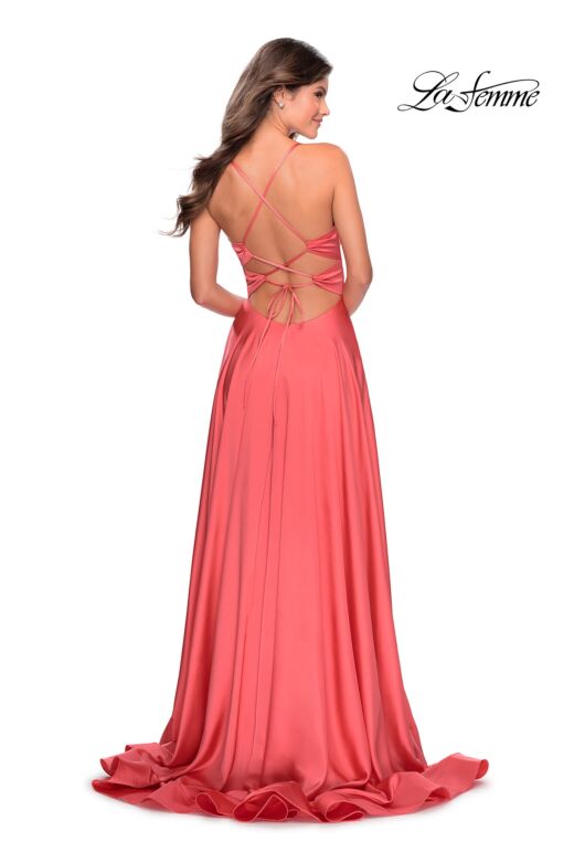 La Femme 28571 Slit Skirt V-Neck Lace-Up Dress