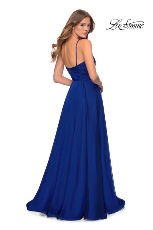 La Femme 28611 Slit Skirt Ruched Top V-Neck Dress