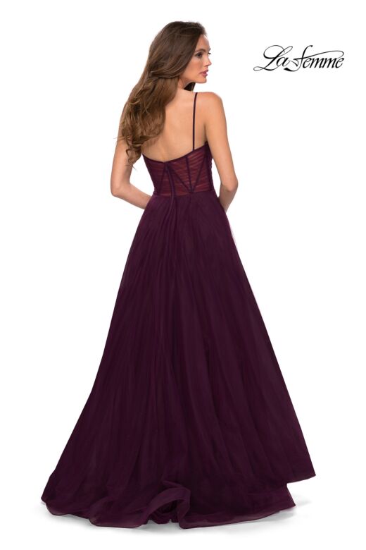 La Femme 29076 A-Line Ruched Illusion Bodice V-Neckline Dress