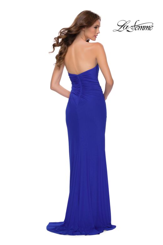 La Femme 29489 Strapless Ruched Side Thigh-High Slit Dress