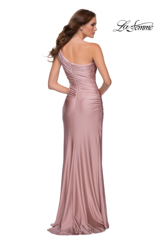 La Femme 29619 One Shoulder High Slit Ruched Dress