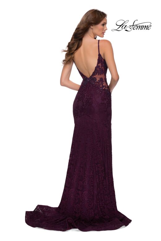 La Femme 29679 High Slit Lace Plunging Neck Dress