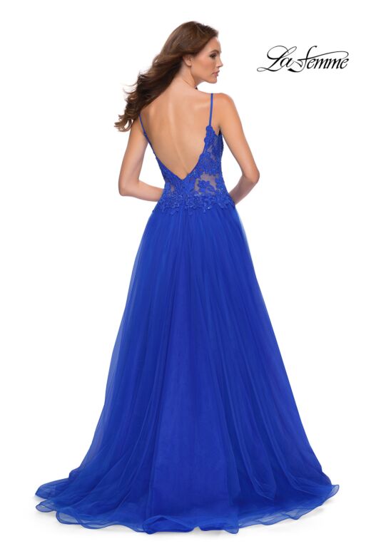 La Femme 29686 Plunging Neck Lace Top Slit Skirt Dress