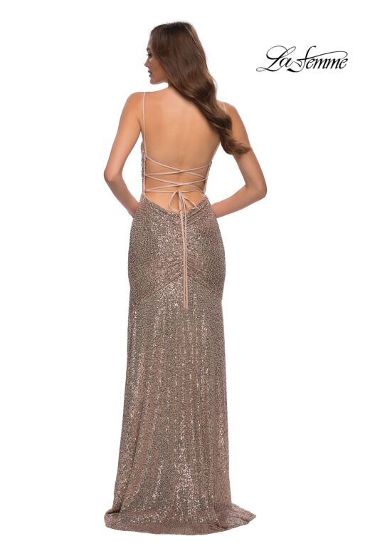 La Femme 29741 Lace-Up Back High Slit Ruched Sequin Dress