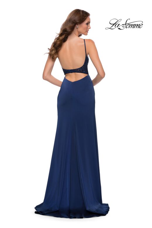 La Femme 29888 Sheer Lace Bodice Draped Skirt Dress