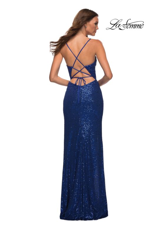 La Femme 30388 Stretch Sequin Deep V Lace-Up Dress