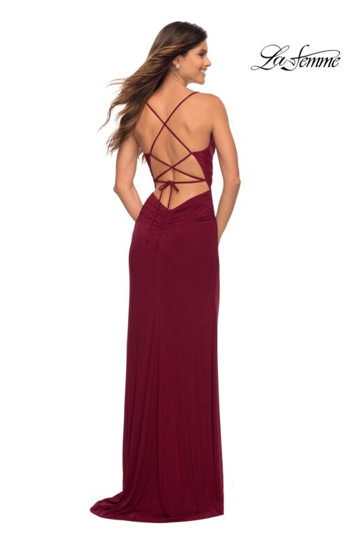 La Femme 30418 High Slit Lace-Up Back Ruched Dress