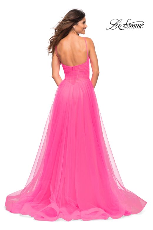 La Femme 30472 Spaghetti Straps Ruched Sheer Corset Dress