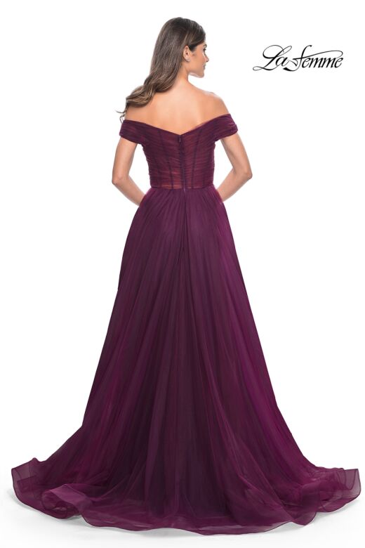 La Femme 30498 High Slit Off The Shoulder Ruched Dress